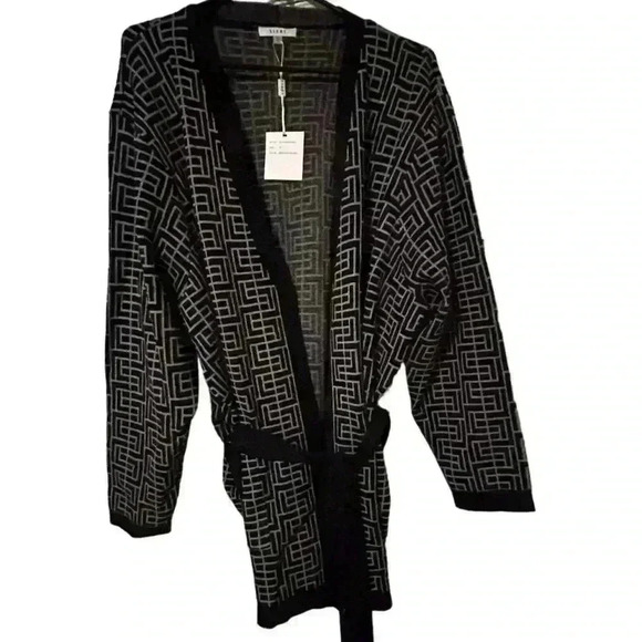 Sioni Women's 2XL Black Geometric Open Belted Long Cardigan Sweater NWT - Picture 1 of 10